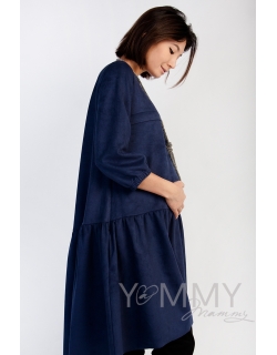 Замшевое платье для беременных и кормящих с воланом, темно-синее