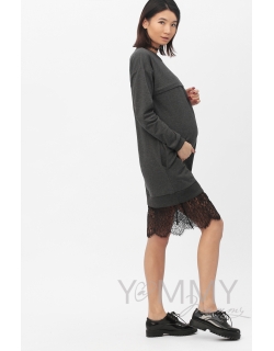 Платье для кормящих и беременных с кружевом, темно-серый меланж