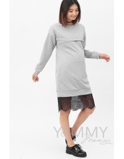 Платье для кормящих и беременных с кружевом, серый меланж