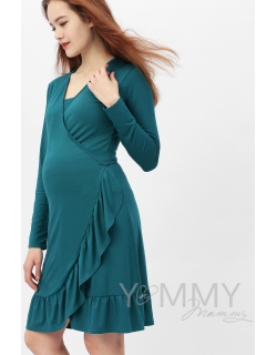 Платье на запах для беременных и кормящих с воланом, изумрудное