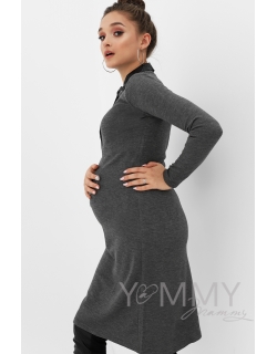 Платье с ажурным кожанным воротником темно-серый меланж для беременных