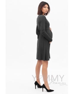 Платье графитовое с пояском на спине для беременных
