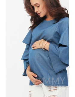 Блуза для беременных и кормящих джинс с воланами на рукавах, синий
