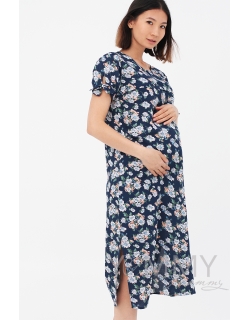 Платье для кормящих и беременных с пояском и цветочным принтом, цвет синий