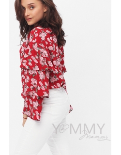 Блуза для кормящих и беременных в цветочный принт с воланами на рукавах, цвет красный