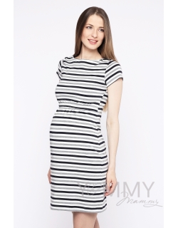 Платье для кормящих и беременных, белое в полоску серый меланж/черный