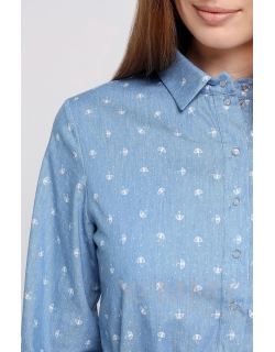 Рубашка для кормящих и беременных джинсовая, голубая с принтом "зонтики"