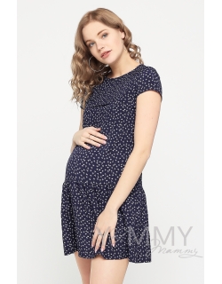 Платье для кормящих и беременных с воланом, темно-синее с принтом "пальмы"