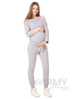Джемпер для беременных и кормящих со спущенным плечом, светло-серый меланж