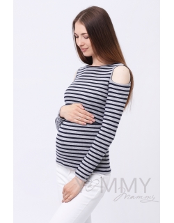 Топ для кормящих и беременных с вырезами на плечах, серый меланж в синюю полоску
