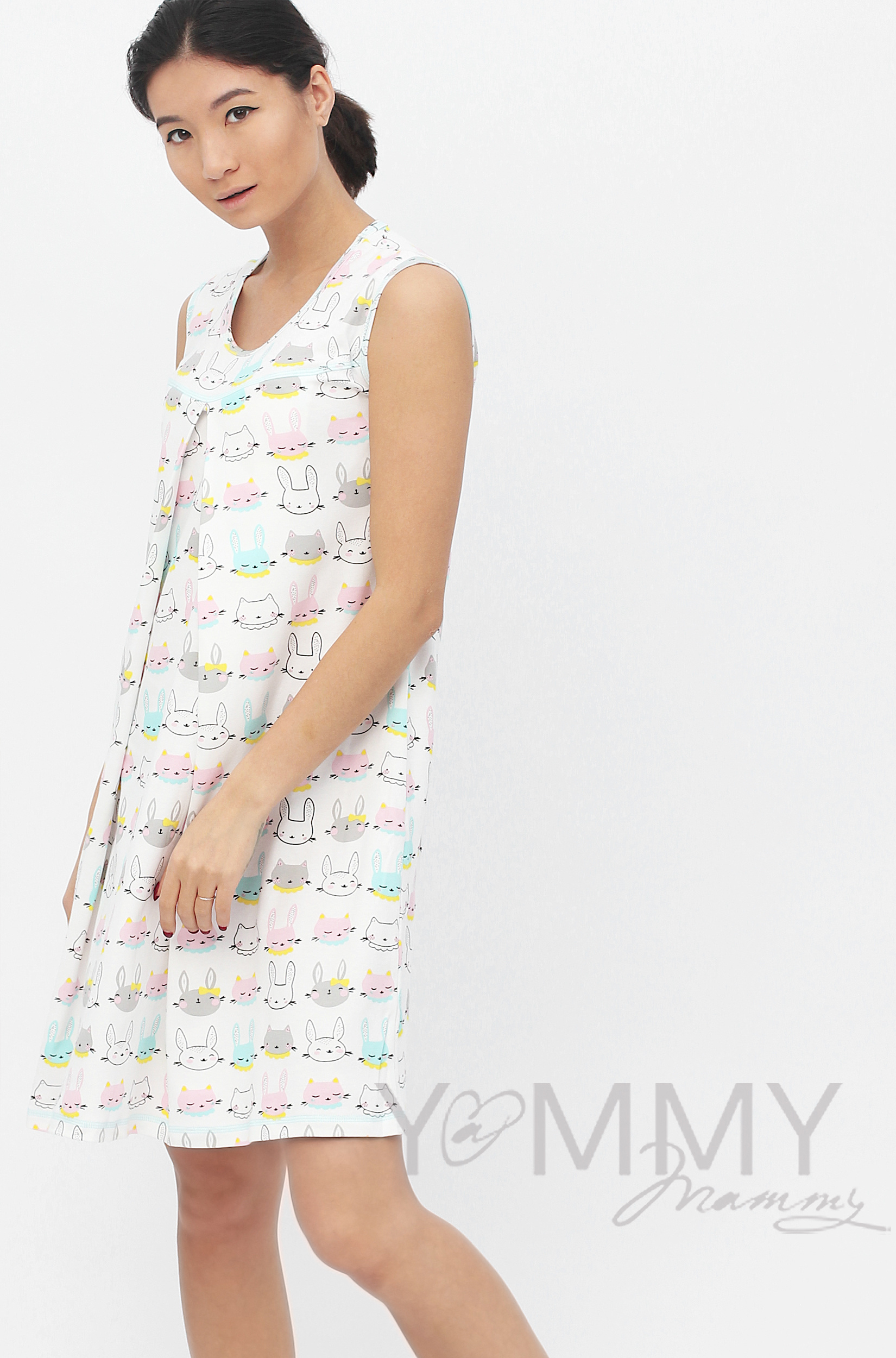 Комплект халат с сорочкой розовый с принтом котики/зайчики