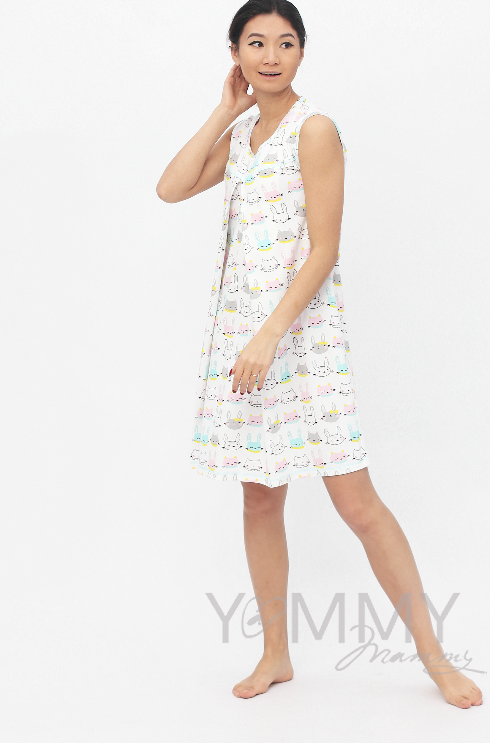 Комплект халат с сорочкой розовый с принтом котики/зайчики