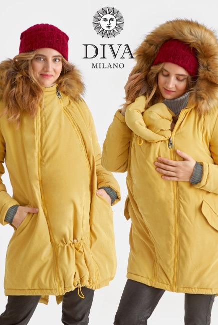 Слингокуртка зимняя - парка 3 в 1 с мехом, горчичная