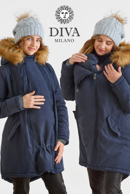 Слингокуртка зимняя - парка для беременных 3 в 1 с мехом, синий