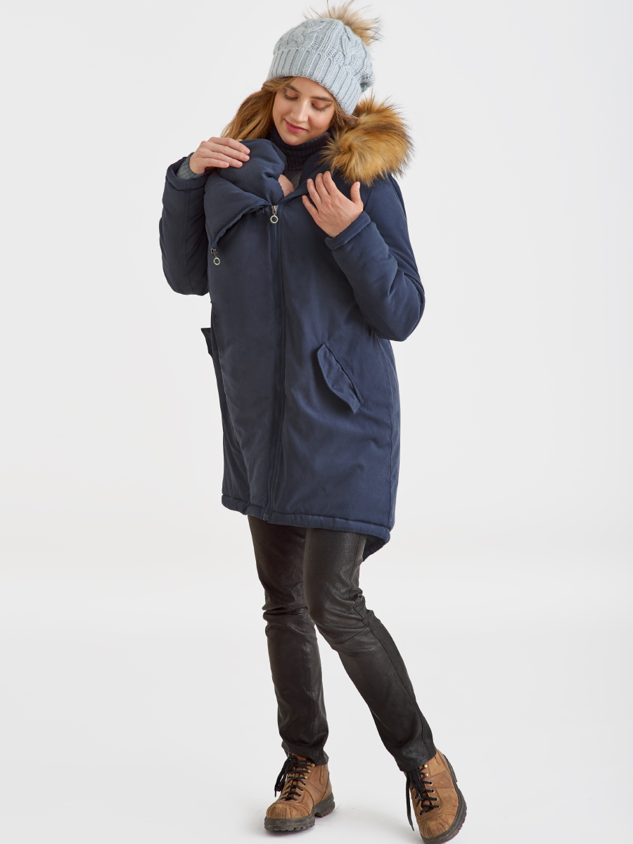 Слингокуртка зимняя - парка для беременных 3 в 1 с мехом, синий