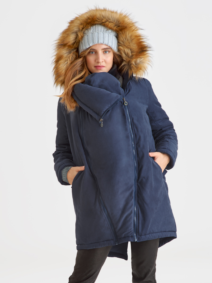 Слингокуртка зимняя - парка для беременных 3 в 1 с мехом, синий