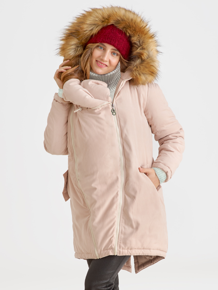 Слингокуртка зимняя - парка для беременных 3 в 1 с мехом, пудровый