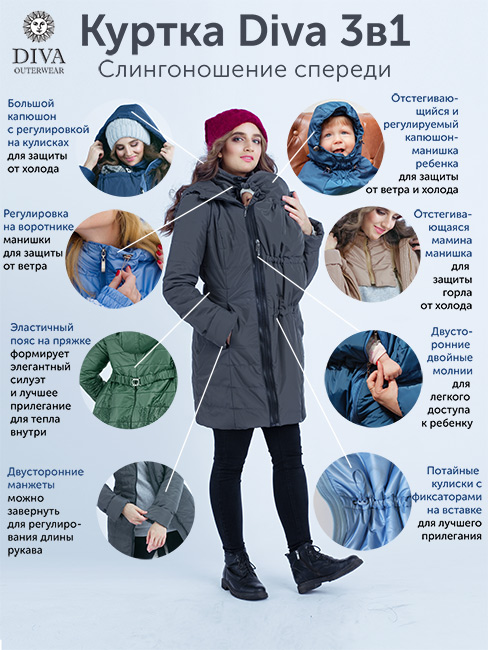 Слингокуртка зимняя 3 в 1 Diva Outerwear Celeste Snowflakes