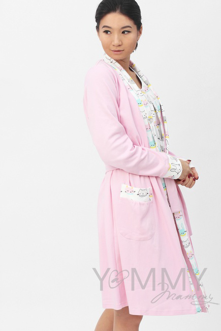 Комплект халат с сорочкой розовый с принтом котики/зайчики