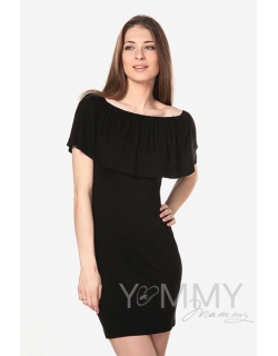 Платье "майка" для беременных и кормящих с воланом на плечах, черное