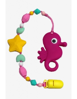 Силиконовый прорезыватель с держателем Океан, фуксия