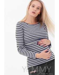 Лонгслив для беременных и кормящих, серый в синюю полоску