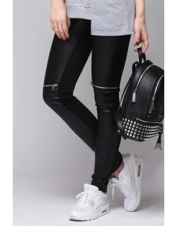 Брюки для беременных и родивших из эко-кожи универсальные, черные с декоративными молниями