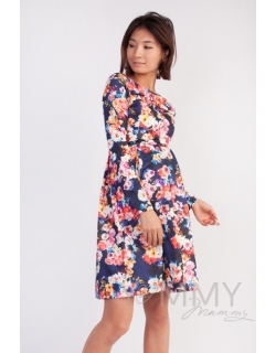 Платье для кормящих и беременных со складками, синий/цветы