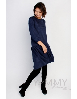 Замшевое платье для беременных и кормящих с воланом, темно-синее