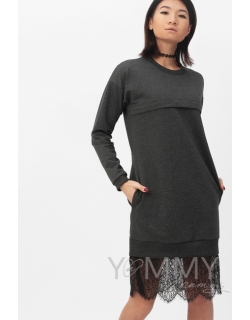 Платье для кормящих и беременных с кружевом, темно-серый меланж