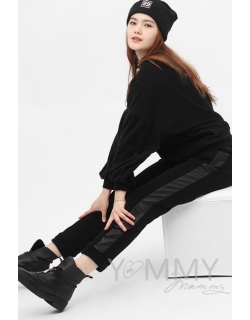 Брюки для кормящих и беременных универсальные, с кожаными лампасами с начесом черные