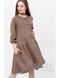 Замшевое платье для кормящих и беременных с воланом, серо-бежевое