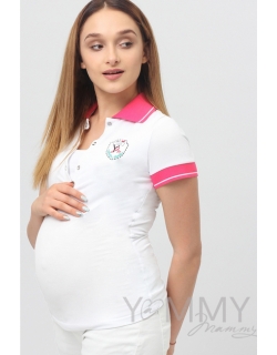 Футболка поло для беременных и кормящих, белая с розовым воротником