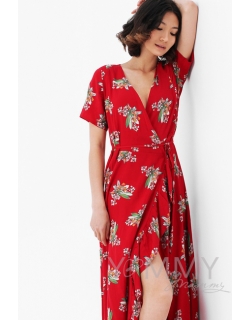 Платье для кормящих и беременных длинное на запах с цветочным принтом, красное