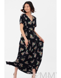 Платье для беременных и кормящих длинное на запах с цветочным принтом, темно-синее