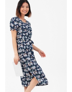 Платье для кормящих и беременных с пояском и цветочным принтом, цвет синий