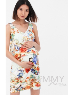 Платье для кормящих и беременных двухъярусное с цветочным принтом, экрю