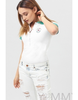 Футболка поло для кормящих и беременных, белая с зеленым воротником