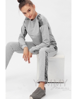 Костюм для кормящих и  беременных с отделкой из велюра, серый меланж