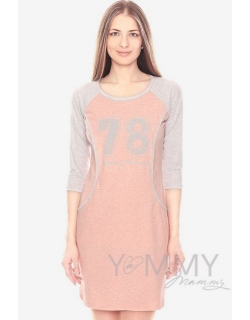 Платье для дома и сна розовый меланж / серый с принтом