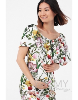 Платье "майка" для беременных и кормящих с воланом на плечах, цвет экрю / цветы