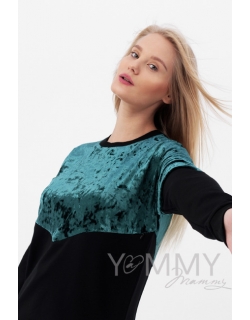 Джемпер для беременных и кормящих с велюром, черный/изумруд