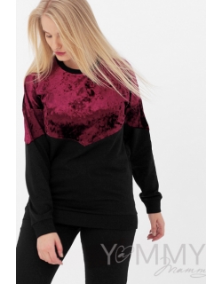 Джемпер для беременных и кормящих с велюром, цвет черный/бордо