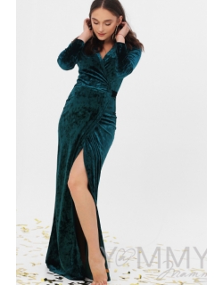 Вечернее платье для кормящих и беременных длинное бархатное на запах, изумрудное