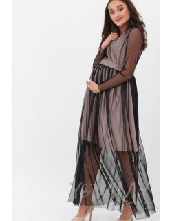 Вечернее платье для кормящих и беременных с поясом, цвет розовый с черной сеткой