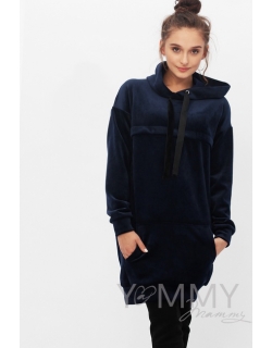 Платье-толстовка для беременных и кормящих с капюшоном из велюра, цвет синий