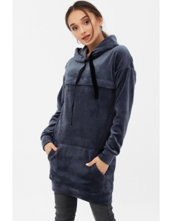Платье-толстовка для беременных и кормящих с капюшоном из велюра, цвет серо-синий