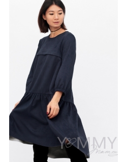 Платье для беременных и кормящих с воланом, с карманами замшевое, цвет темно-синий