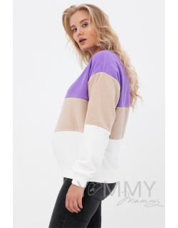 Толстовка для кормящих и беременных трехцветная, цвет экрю-сирень-серый