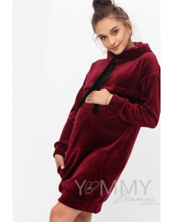 Платье-толстовка для кормящих и беременных с капюшоном из велюра, цвет марсала